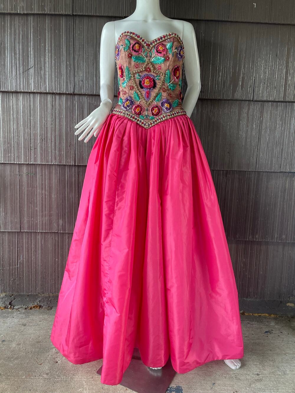 🔥80s Victor Costa Sequin Embroider Strapless Barbiecore Taffeta Pink Ball Gown
